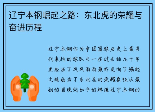 辽宁本钢崛起之路：东北虎的荣耀与奋进历程